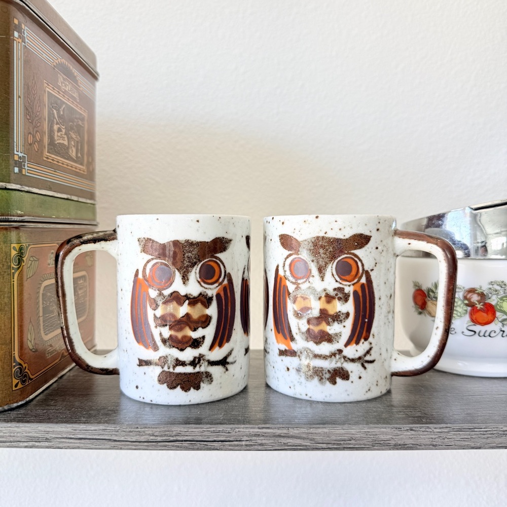 Vintage 1970s Owl Mug Pair Japan Stoneware Cozy Woodland Kitchen - Picture 2 of 9
